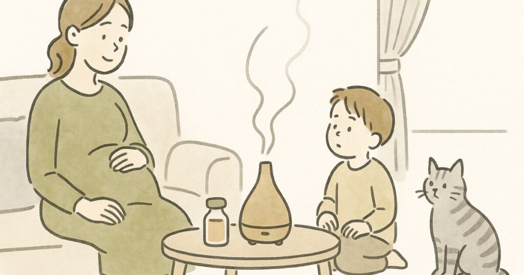 妊婦や子ども、猫のいる家庭でのアロマ使用に配慮する様子のイラスト
