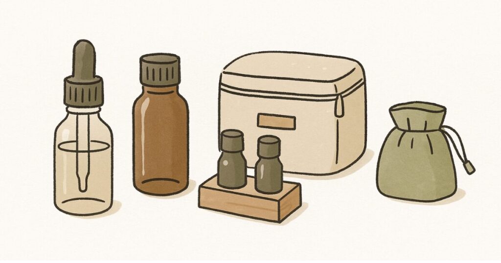 アロマオイルの収納に使える100均グッズの例をまとめたイラスト