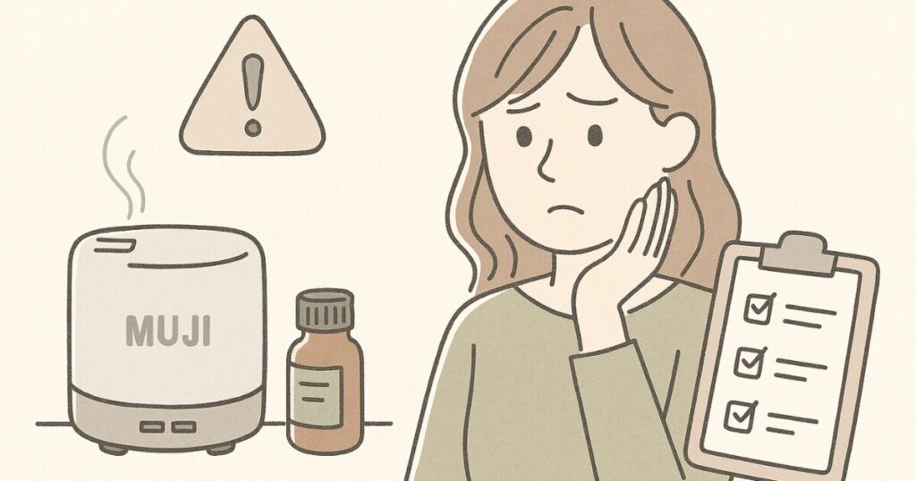 無印のアロマオイルを使う際に安全性や成分に不安を感じる女性とチェックリストのイラスト
