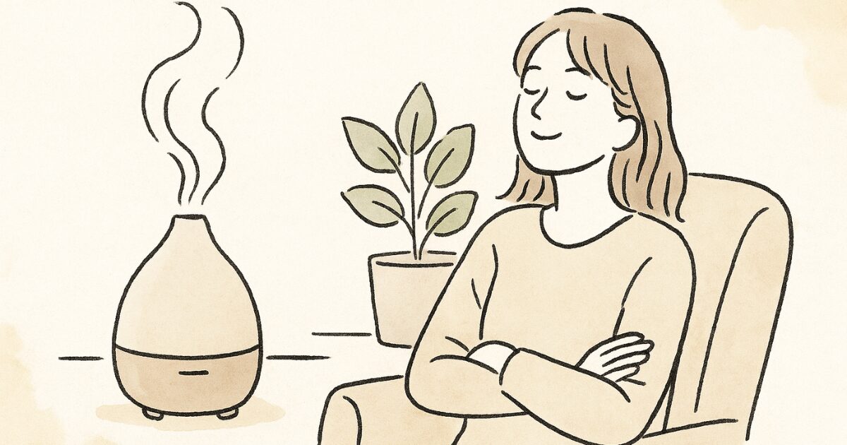 アロマディフューザーやキャンドルの香りに包まれながらくつろぐ女性のイラスト