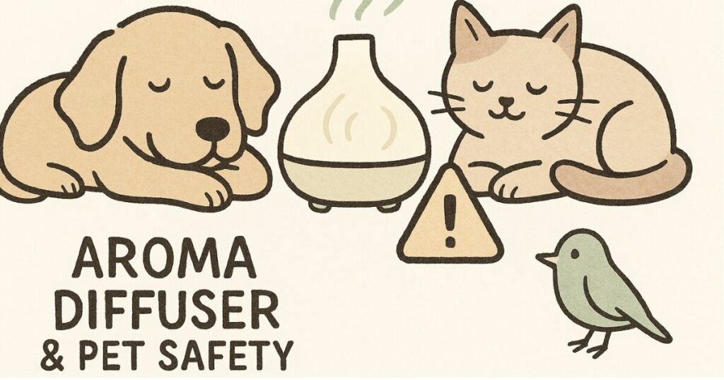 アロマディフューザーのそばでくつろぐ犬と猫、小さな注意マーク付き。香りと安全性のバランスを伝える構図。