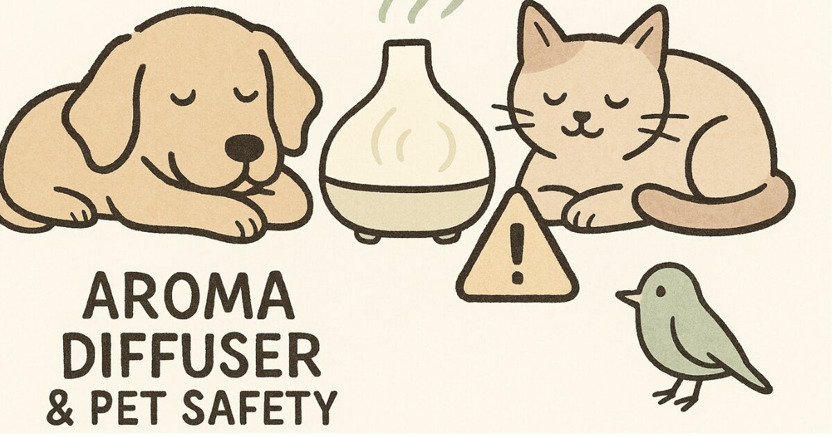 アロマディフューザーのそばでくつろぐ犬と猫、小さな注意マーク付き。香りと安全性のバランスを伝える構図。