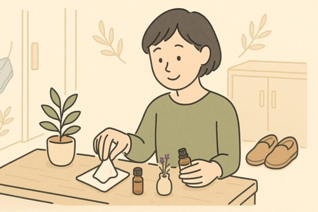 古いアロマオイルを紙に染み込ませ玄関で消臭に使う様子