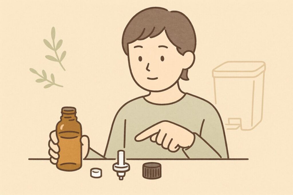 瓶・キャップ・中栓を分けて指差し説明している様子