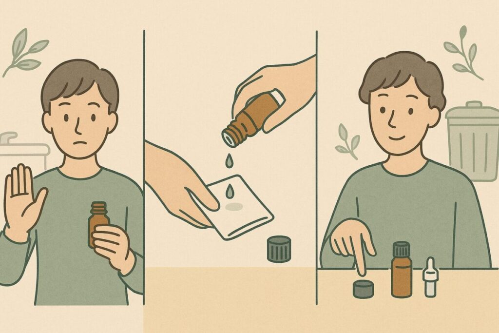 アロマオイルの捨て方のNG例・処理方法・分別を3分割で示した図