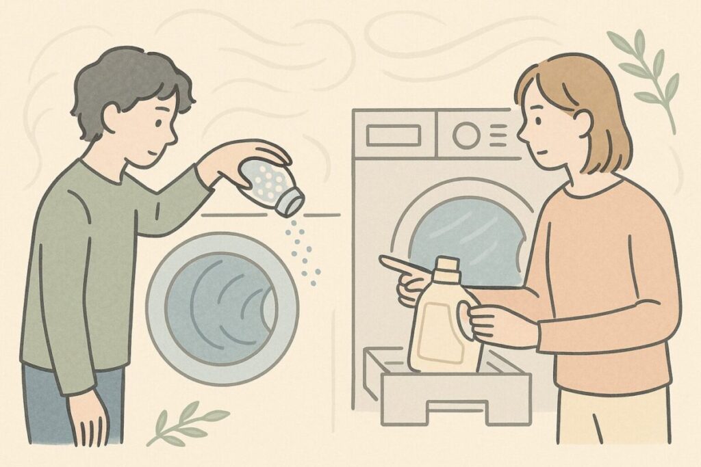 アロマジュエルと柔軟剤を比較して持っている様子