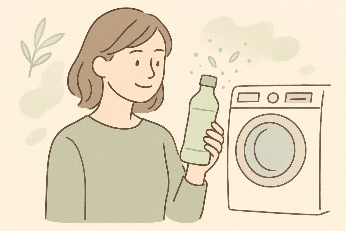 アロマジュエルを持ちながら洗濯機の前で香りを楽しむ様子