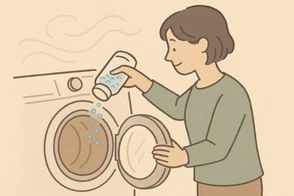 アロマジュエルを洗濯槽へ直接入れている場面