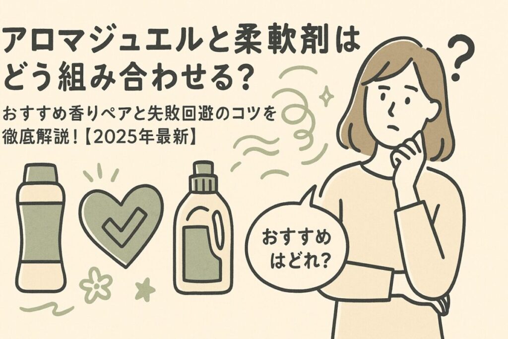 アロマジュエルとレノアハピネスの香りの相性やおすすめの組み合わせを紹介する洗濯アイテムガイドのイラスト