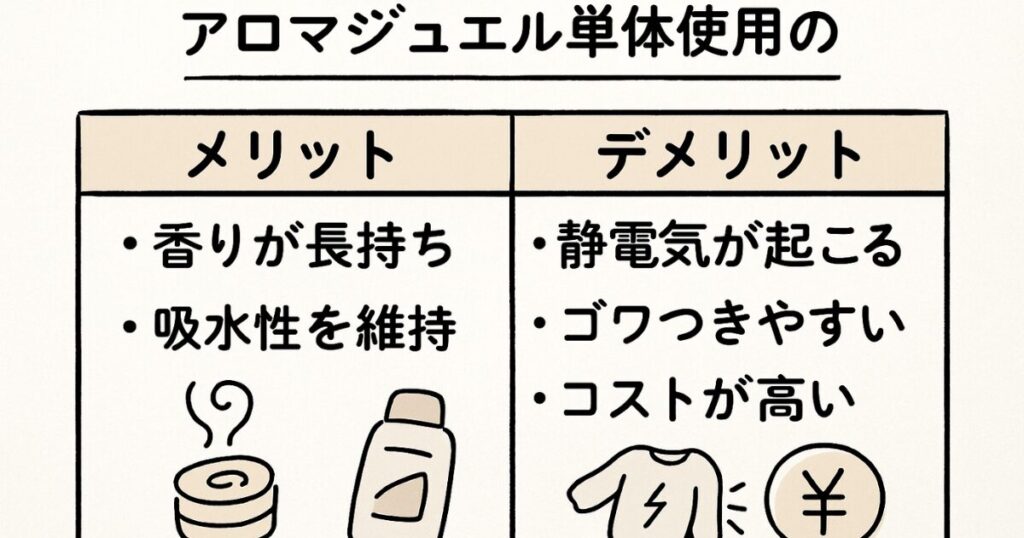 香り長持ち・吸水性維持などの利点と、静電気・ゴワつき・高コストなどの欠点を表にした図解イラスト