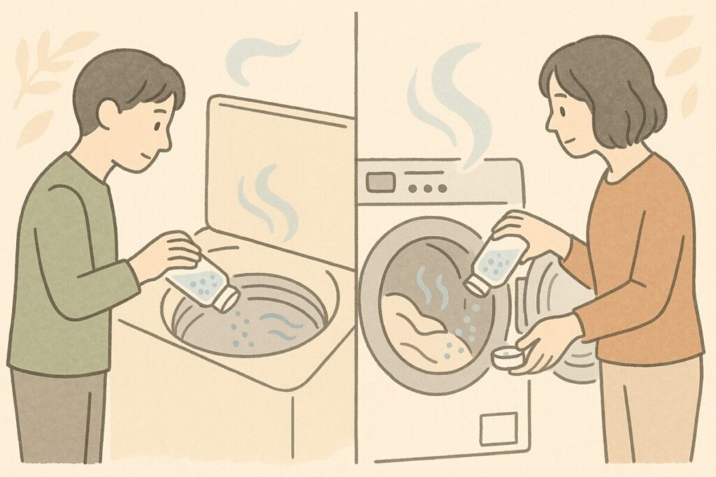 縦型洗濯機とドラム式洗濯機にアロマジュエルを入れる違いを示す比較画像
