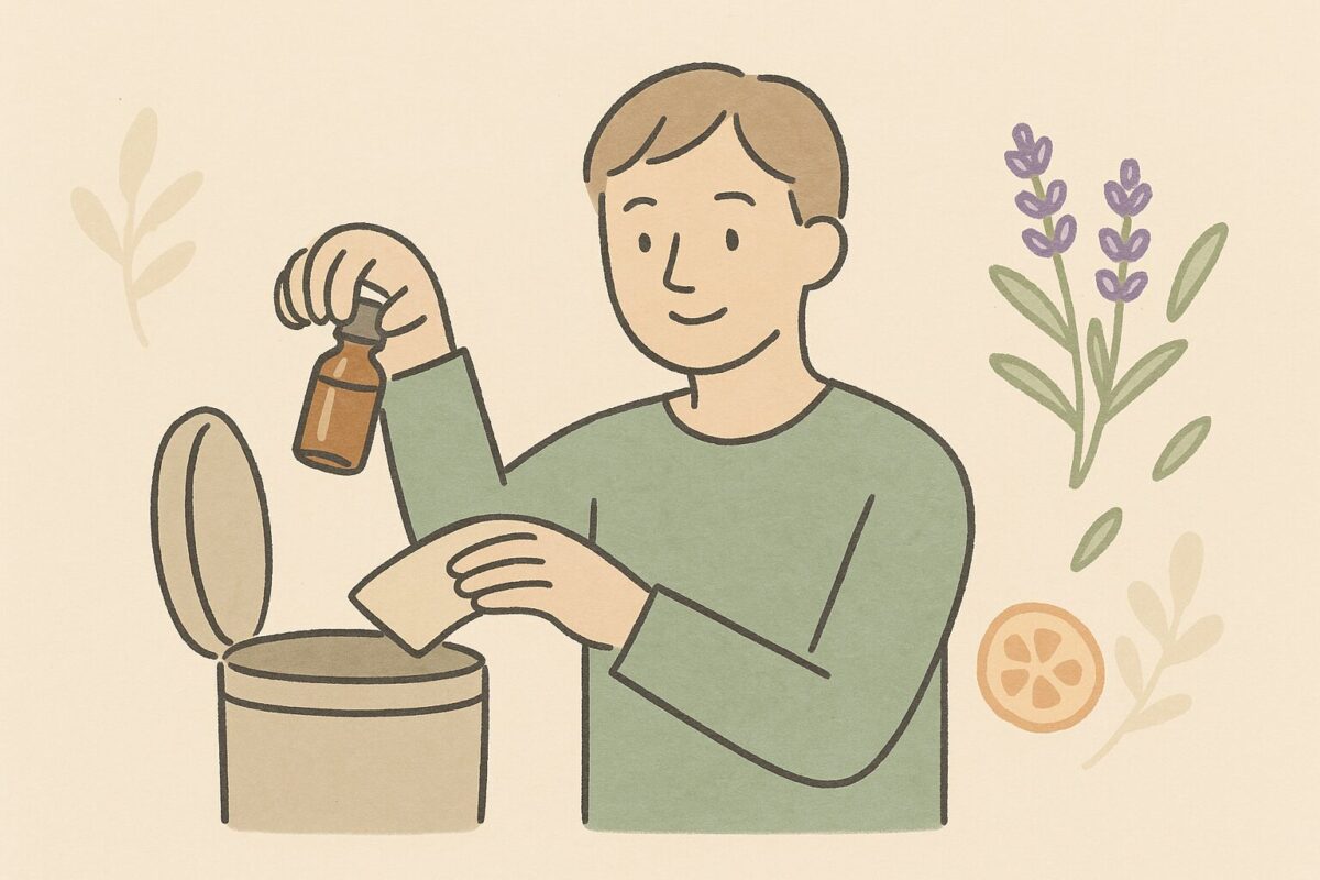 アロマオイルの安全な捨て方をイラストでまとめたタイトルアイキャッチ画像