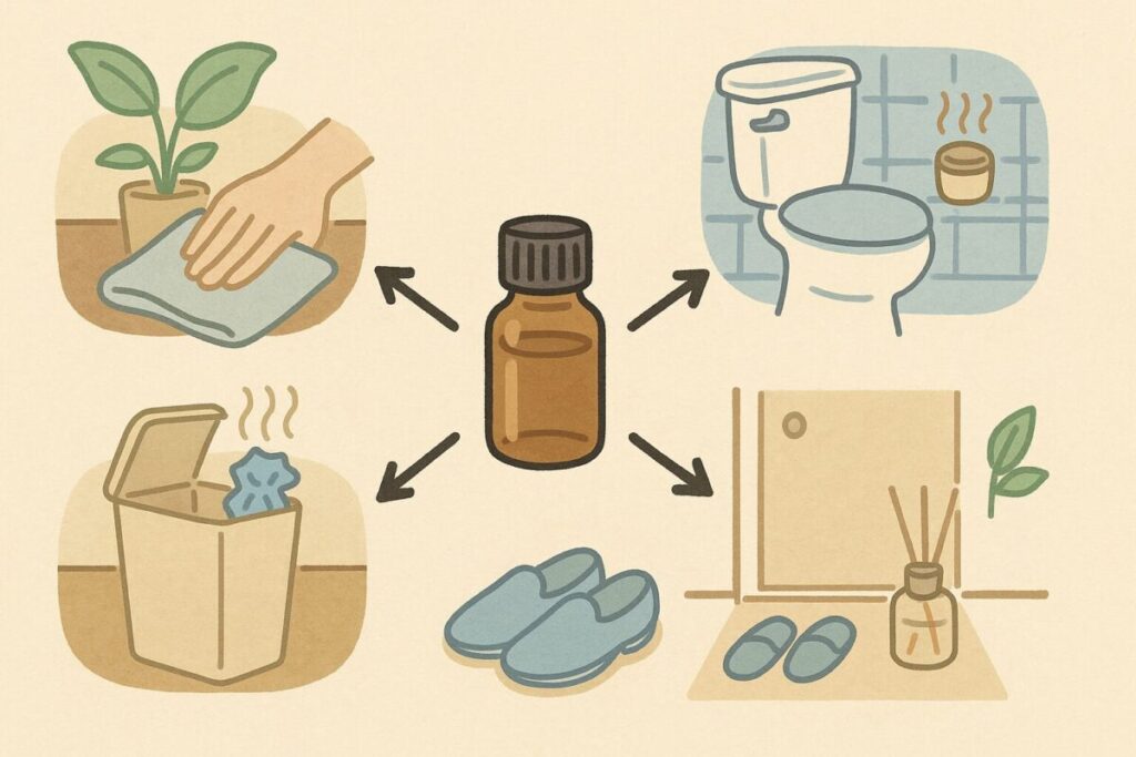 残ったアロマオイルを拭き掃除・トイレの芳香づけ・ゴミ箱の消臭・玄関の芳香剤として活用する様子をまとめたイラスト