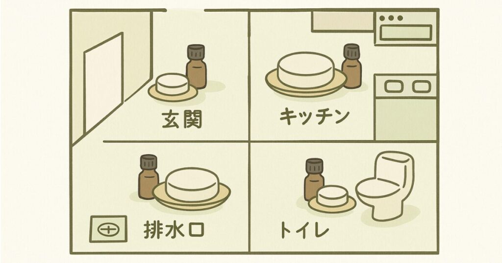 キッチンや玄関などにアロマストーンを設置する場所を示したイラスト