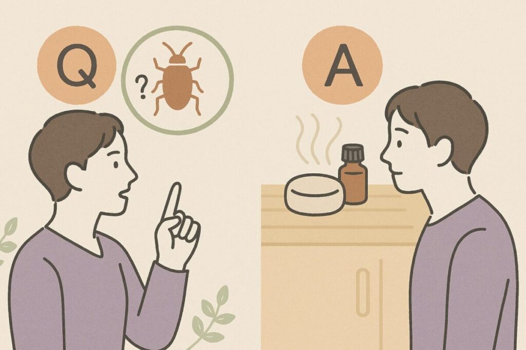 ゴキブリ対策に関する質問とアロマストーンで回答するQ&A形式のイラスト