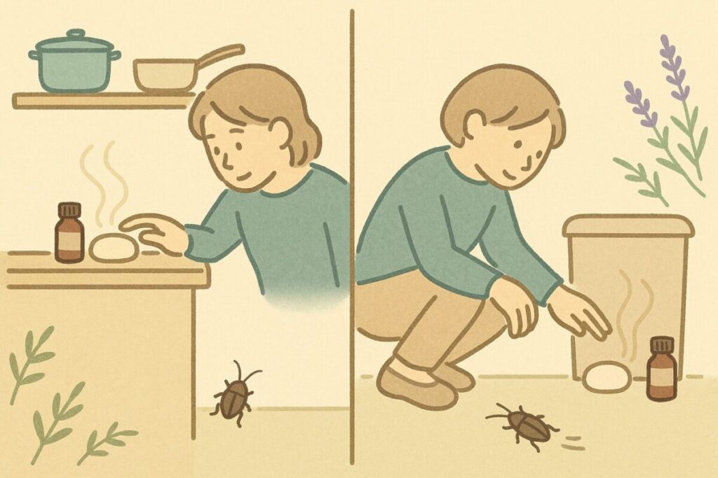 キッチンの狭い場所やゴミ箱付近へアロマストーンを置く正しい設置例と対比イラスト