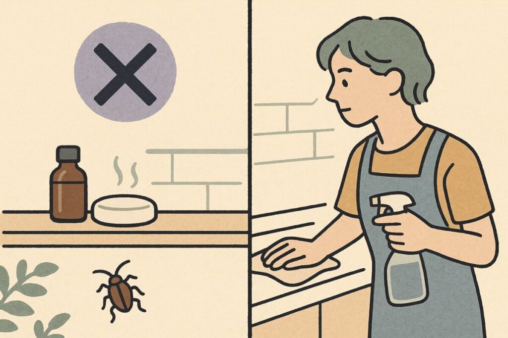 アロマストーンの香りが嫌でゴキブリが逃げる様子とキッチン掃除の対比イラスト