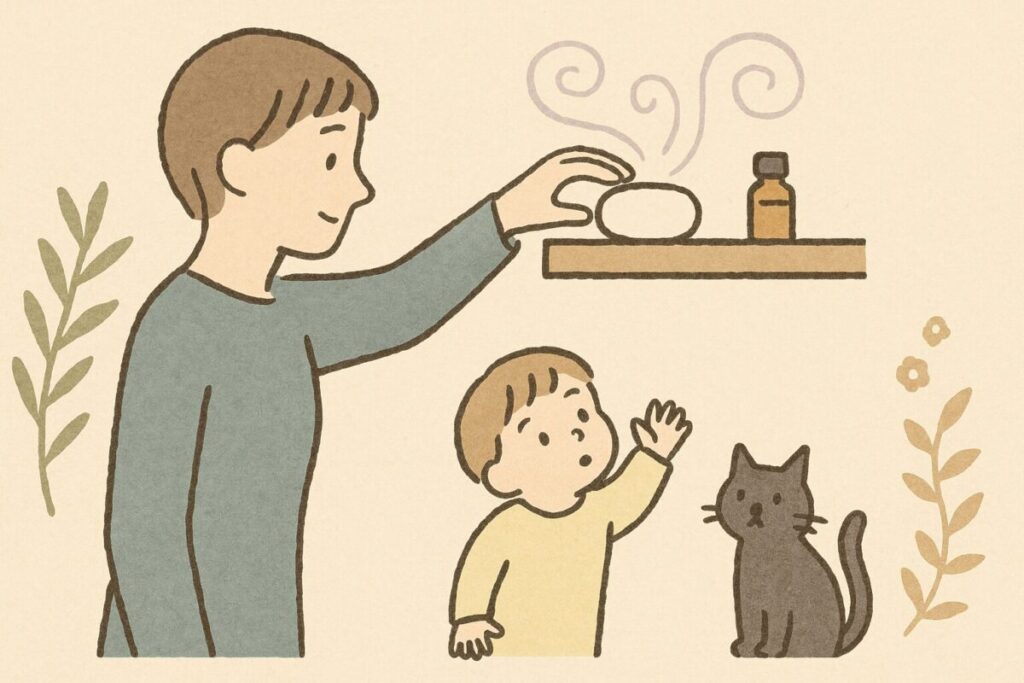子どもや猫が触れられない高い棚にアロマストーンを置く安全対策のイラスト