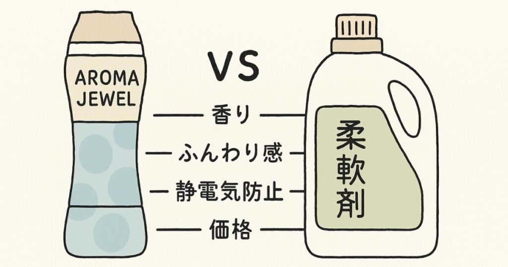 アロマジュエルと柔軟剤の香り・仕上がり・コストの違いを図解で説明
