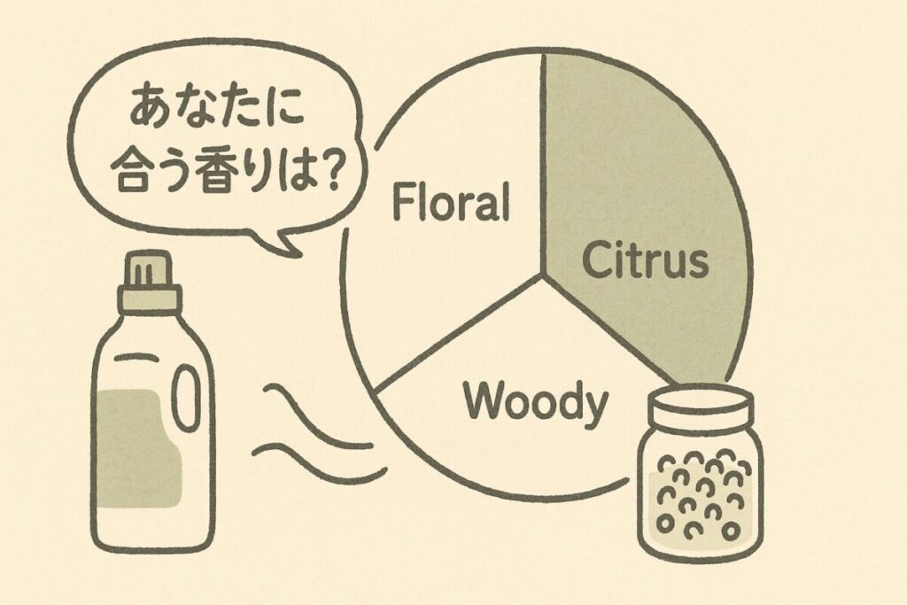 香りの系統マップをもとに柔軟剤とアロマジュエルを選ぶイメージイラスト