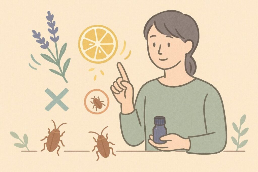 ラベンダーや柑橘などゴキブリが嫌う香りを指差して説明する人物のイラスト