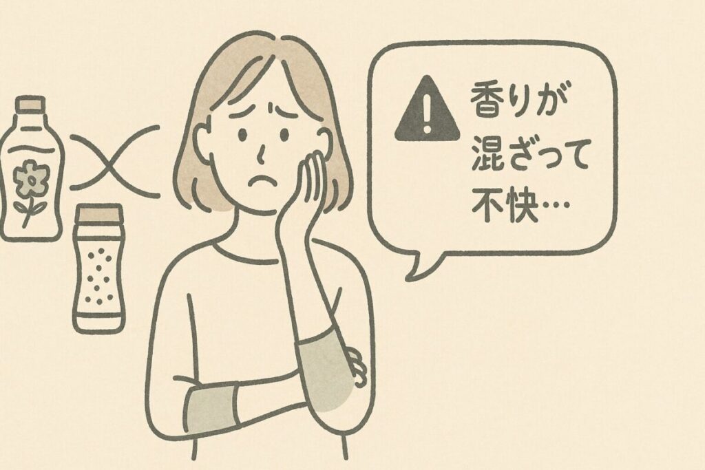アロマジュエルと柔軟剤の香りが混ざって失敗した様子を示す注意喚起イラスト