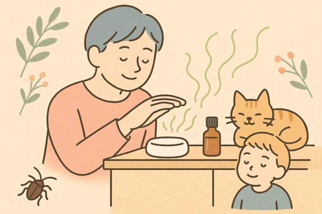 無印アロマストーンでゴキブリ対策をして安心している様子を描いたアイキャッチ画像