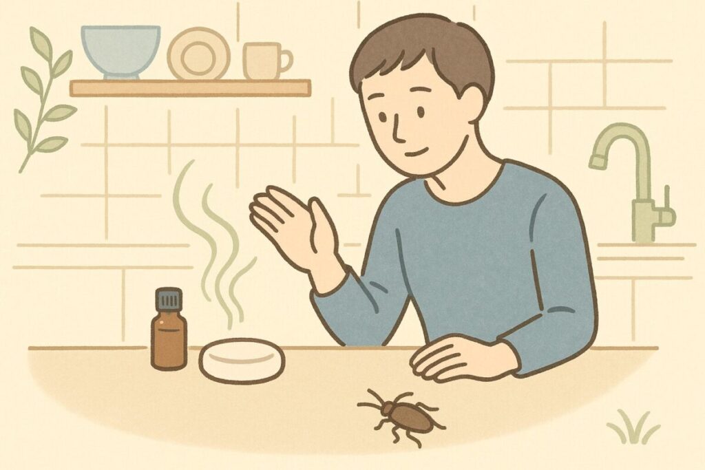 キッチンに置いたアロマストーンの香りでゴキブリを寄せ付けない様子
