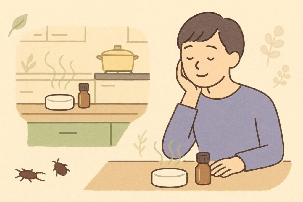 キッチンでアロマストーンの香りが広がり快適に予防できている様子のイラスト