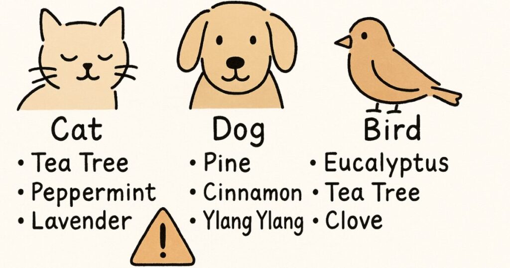 犬・猫・鳥などペット別に避けるべき精油をまとめた一覧表