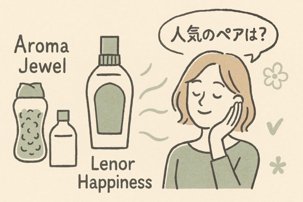 アロマジュエルとレノアハピネスの人気ペアをイメージしたイラスト。香りの相性の良さを視覚的に表現。