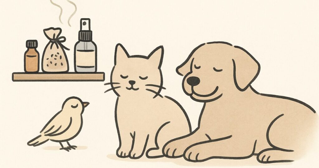 犬や猫のそばにあるラベンダー精油やポプリ、ハイドロゾルなどのイメージ画像