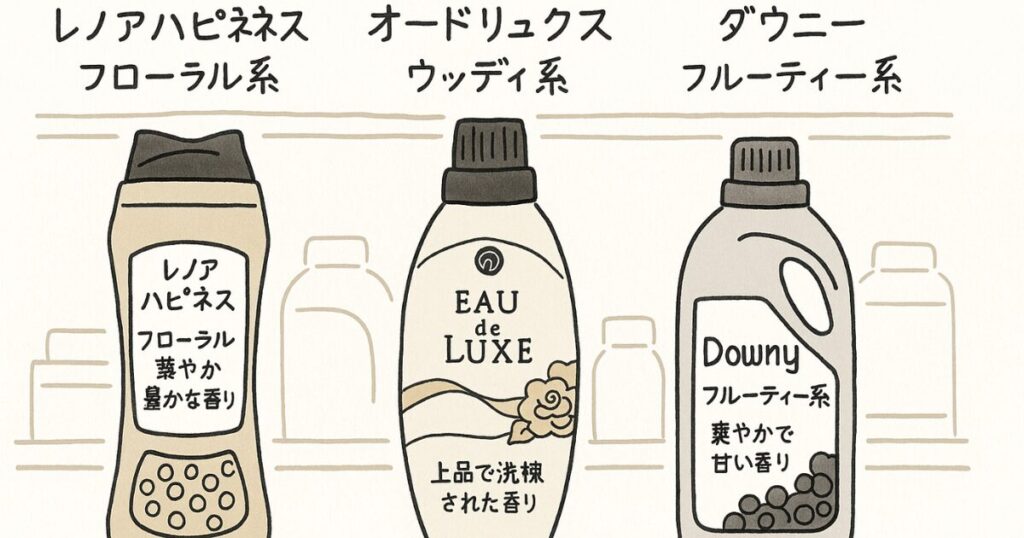 レノア・オードリュクス・ダウニーの香りづけビーズを香調別に比較した図解イラスト