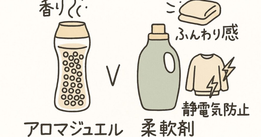 香り重視のアロマジュエルと仕上がり重視の柔軟剤を比較した図解