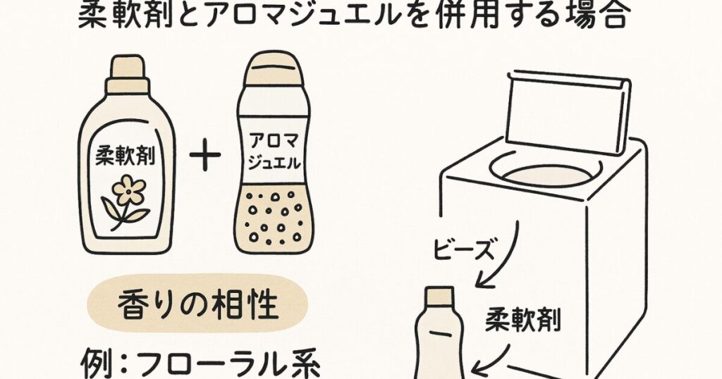 柔軟剤とアロマジュエルの香りの組み合わせ例と洗濯機への投入順を説明した図解イラスト