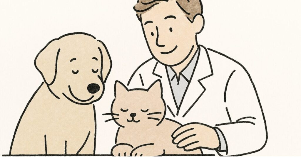 白衣の獣医師と犬・猫が写った安心感のあるイメージ写真