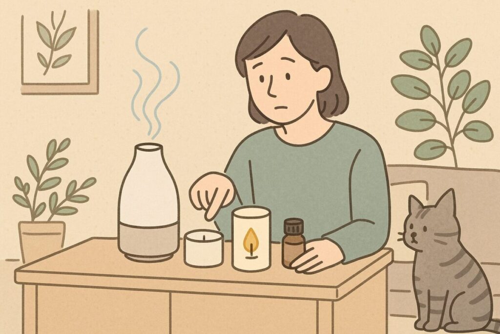 猫が近くにいても安全な位置にアロマキャンドルを配置している室内レイアウトのイラスト