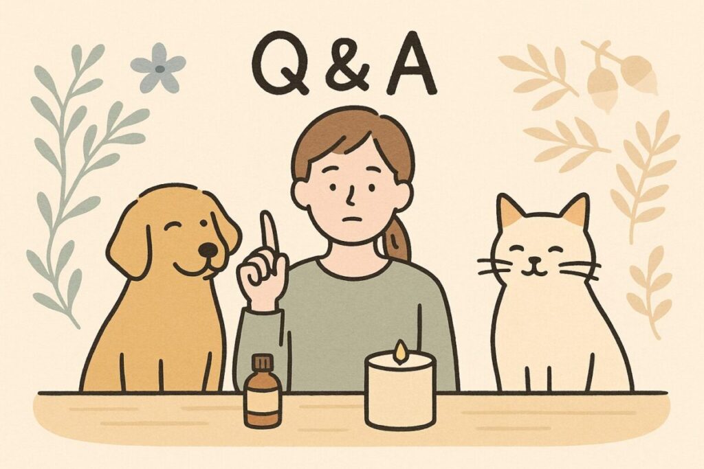 犬や猫と暮らす家庭でのアロマキャンドルの疑問を考えている人物のイラスト