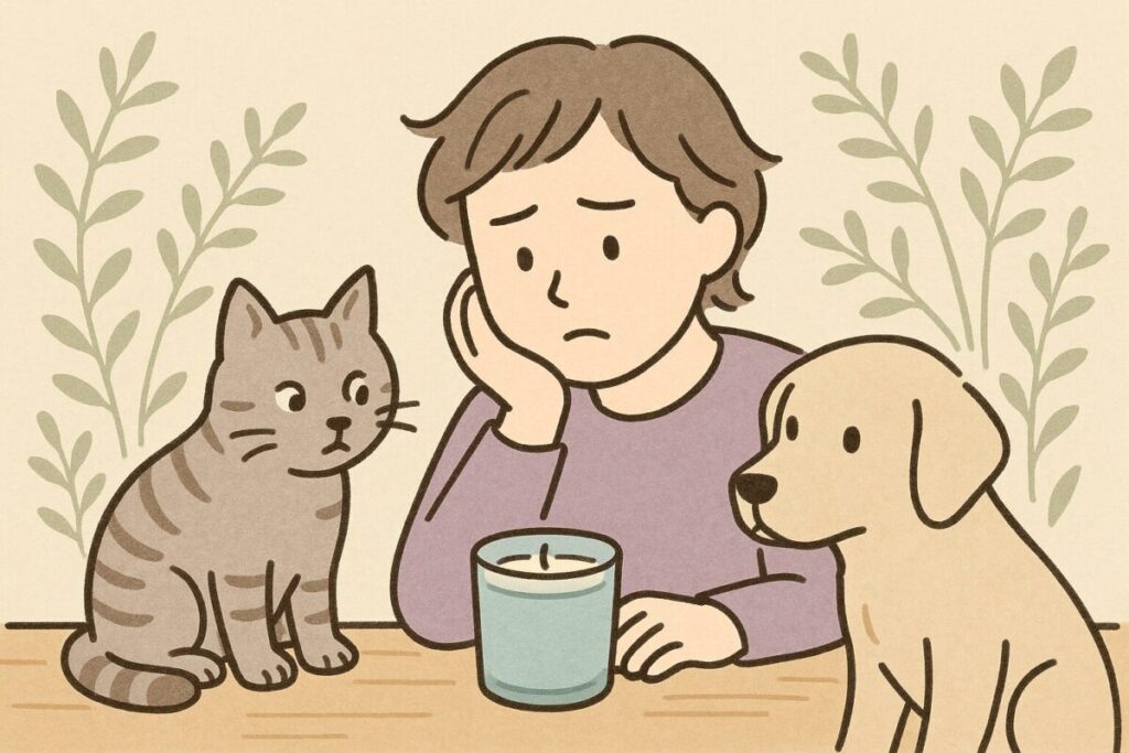 猫と犬を前にアロマキャンドルを使っても大丈夫か不安に感じている人物のイラスト
