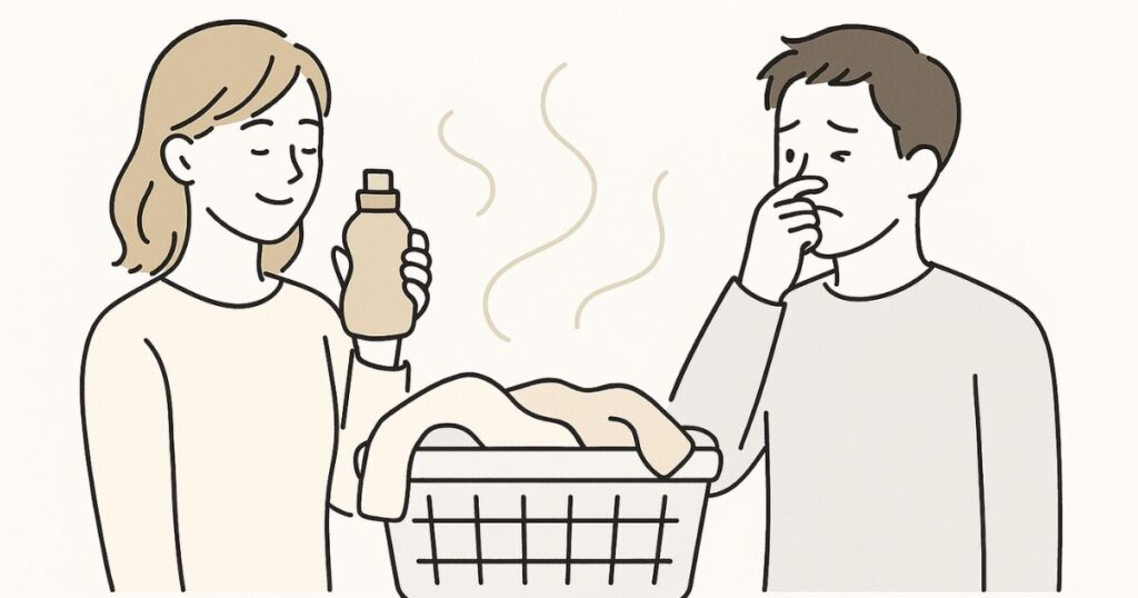 アロマジュエルを使う女性と、香りに戸惑う人の対比をゆるいイラストで描いた構図
