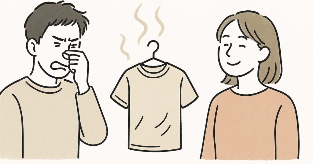香りのある服に対し不快そうな表情をする人と気にしない人の対比イラスト