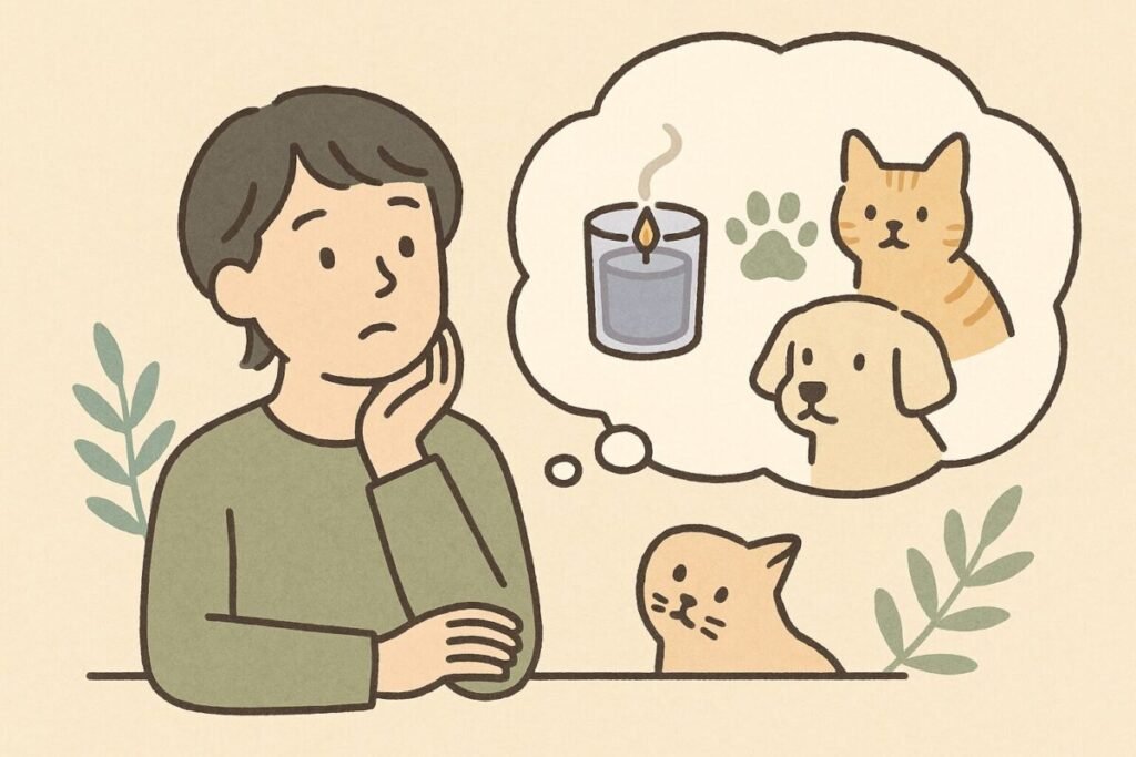 猫と犬のいる暮らしで使えるアロマキャンドルを選ぶポイントを考えている人物のイラスト