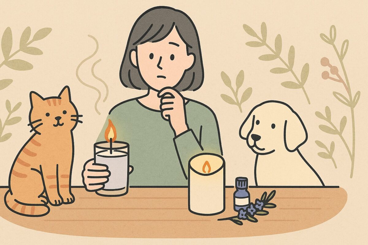 猫と犬がそばにいる中でアロマキャンドルを安全に使えるか考えている人物のイラスト