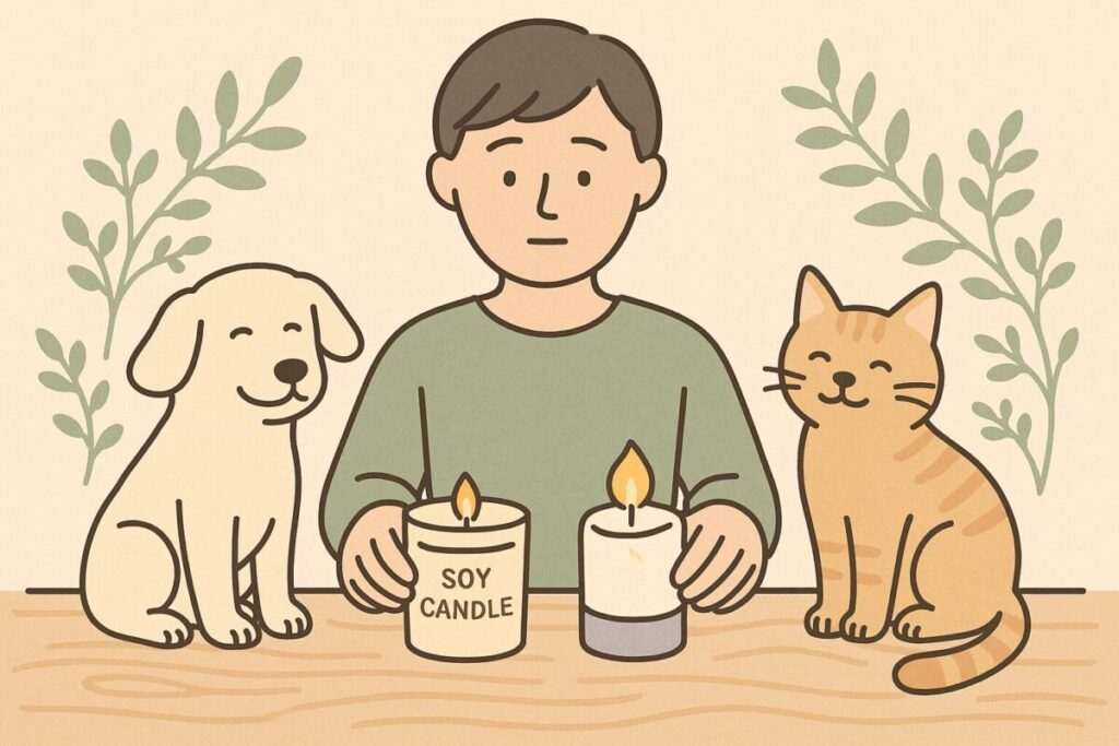 ソイキャンドルとLEDキャンドルを並べて猫と犬が安心している様子のイラスト