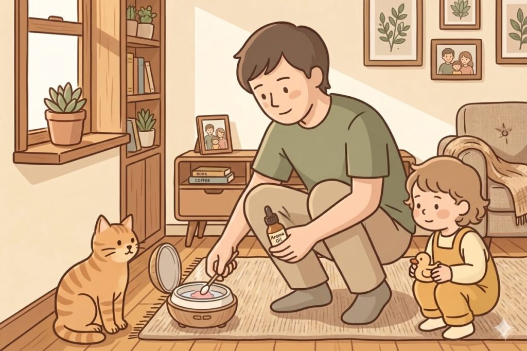 アロマオイルをディフューザーに垂らす父親と、それを見つめる猫と子どものイラスト。暖かく和やかなリビングルームで、窓からの光が差し込む平和な家族の時間が描かれています。