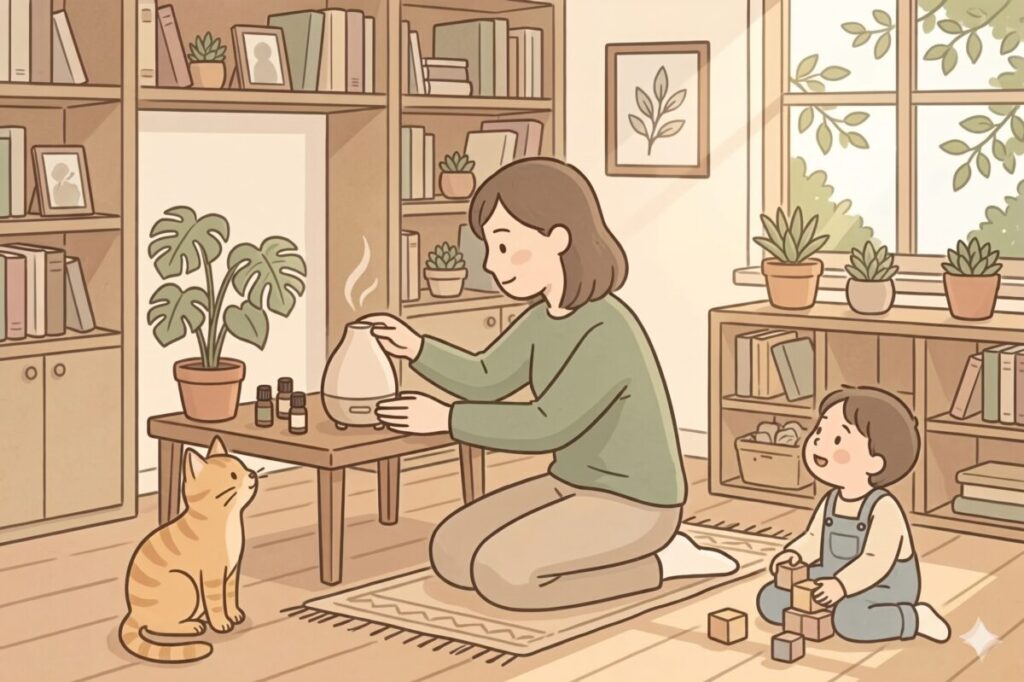 アロマディフューザーの置き方を工夫してテーブルにセットする女性と猫・子どものイラスト。観葉植物が飾られたナチュラルなリビングに温かな日差しが差し込み、家族が安心してくつろげる穏やかな空気感。