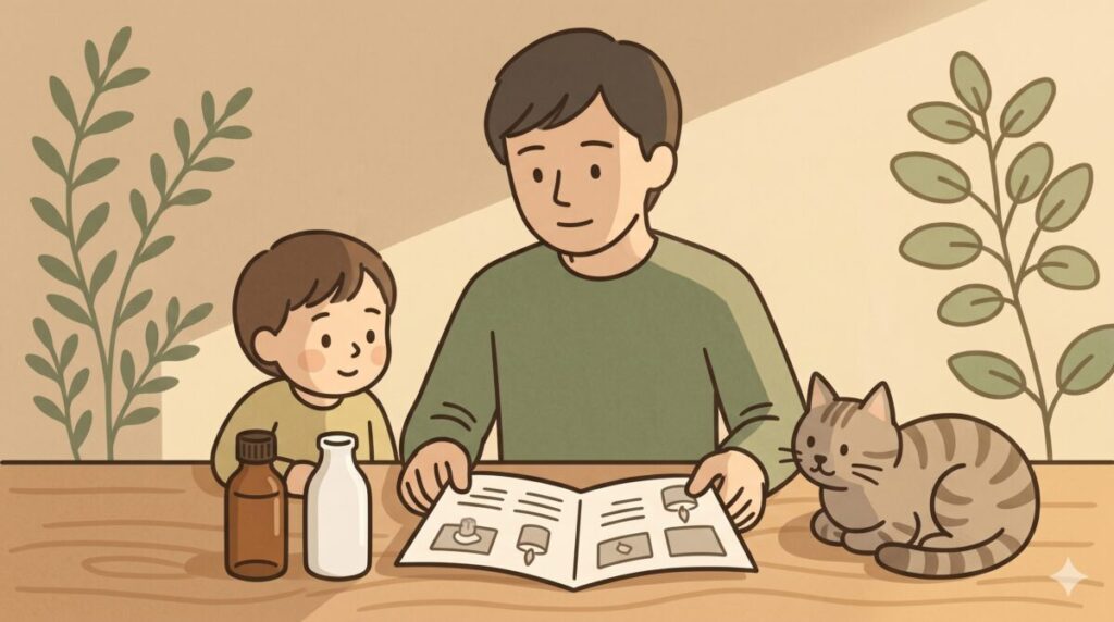 純正オイルの説明書を熱心に読む男性と、その様子を隣で見つめる小さな子ども、テーブルにくつろぐ猫のイラスト。温かみのあるアースカラーで統一されたリビングで、柔らかな光が差し込む穏やかな空気感の1シーンです。