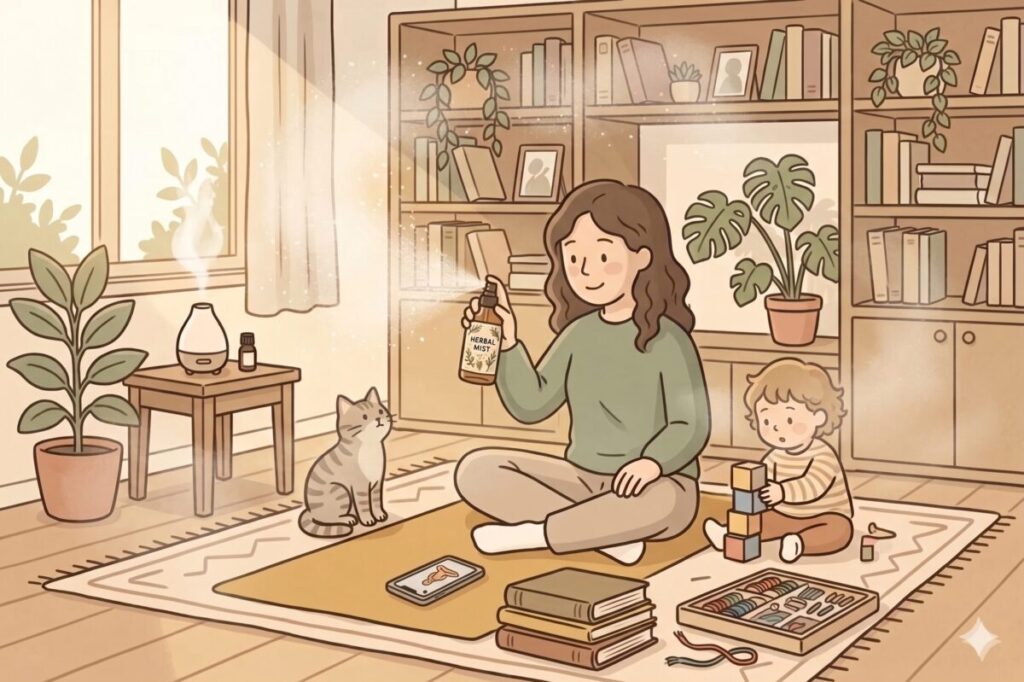 アロマオイルをスポイトでアロマボウルに垂らす女性と、その様子を横で興味深げに見つめる女の子と猫のイラスト。暖かな日差しが差し込むリビングで、親子でくつろぎながらアロマクラフトを楽しむ、穏やかでアースカラーの優しい雰囲気です。
