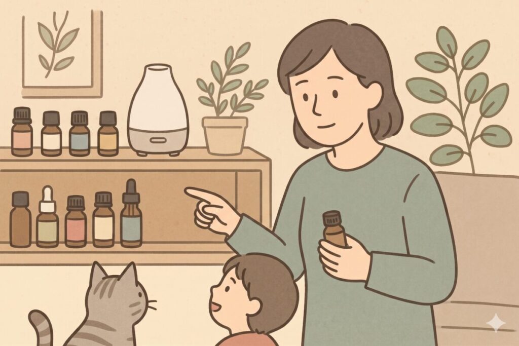 アロマオイルを棚から選んで子どもに説明する女性と、それを見つめる猫と子どものイラスト。お部屋の棚の前で、昼下がりの穏やかでナチュラルな雰囲気に包まれています。