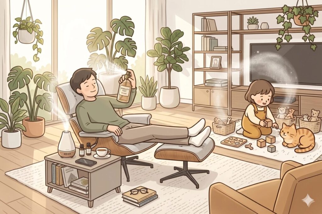 アロマスプレーをリラックスしながら部屋に吹き撒く男性と猫・子どものイラスト。たくさんの観葉植物に囲まれた明るくおしゃれなリビングで、親子が穏やかで心地よいひとときを過ごしている、温かみのある優しい雰囲気です。
